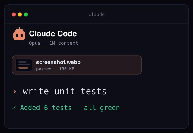 Claude Code: a screenshot pasted as Image #1 with the prompt write unit tests, then 6 tests added