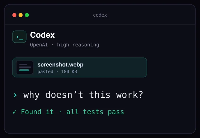 OpenAI Codex CLI: a pasted screenshot with the prompt why doesn't this work, then Codex finds and fixes the bug