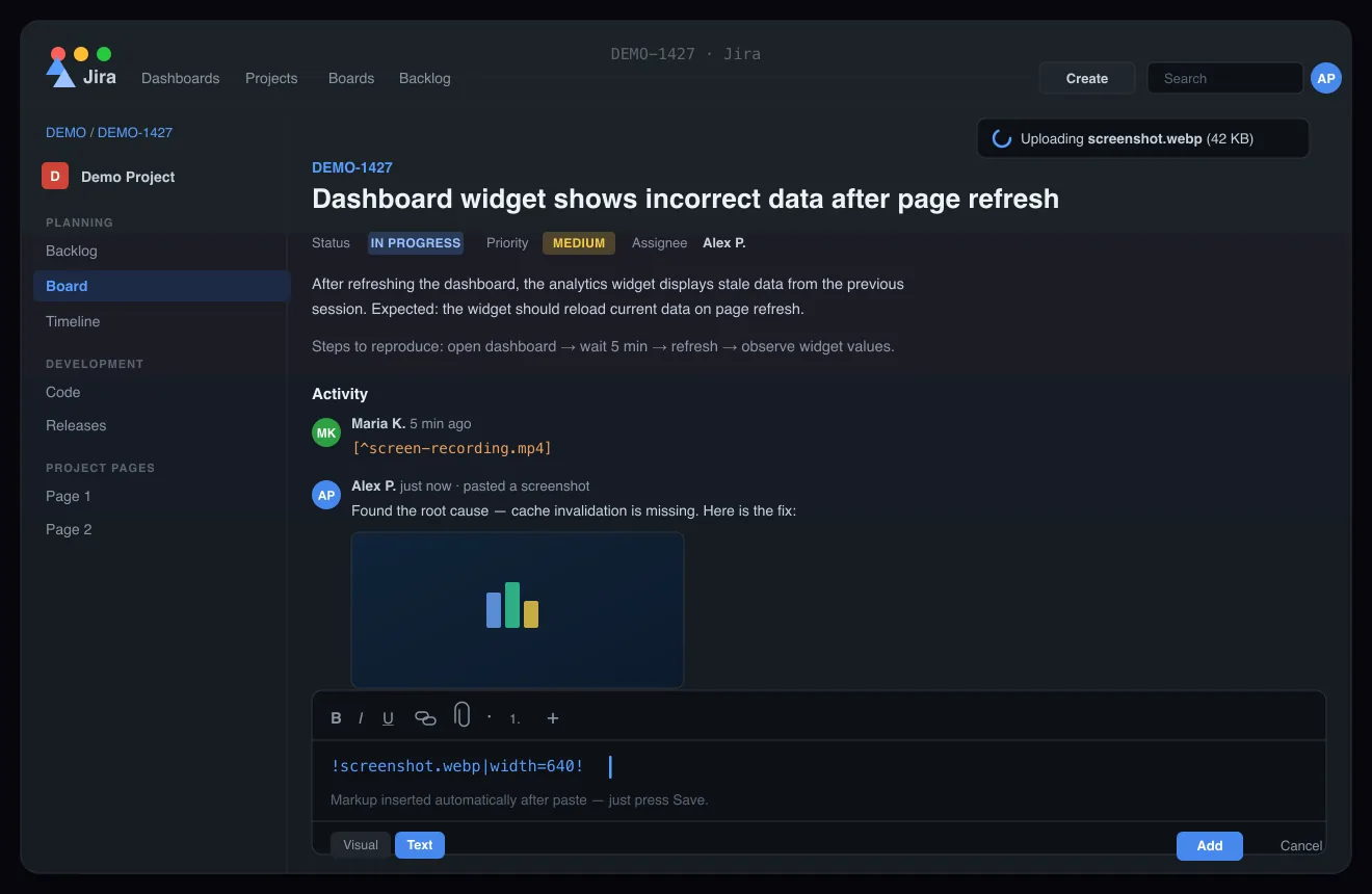 Litely for Jira & GitLab &mdash; a pasted screenshot uploads with a progress toast and the Jira markup is inserted into the comment box automatically