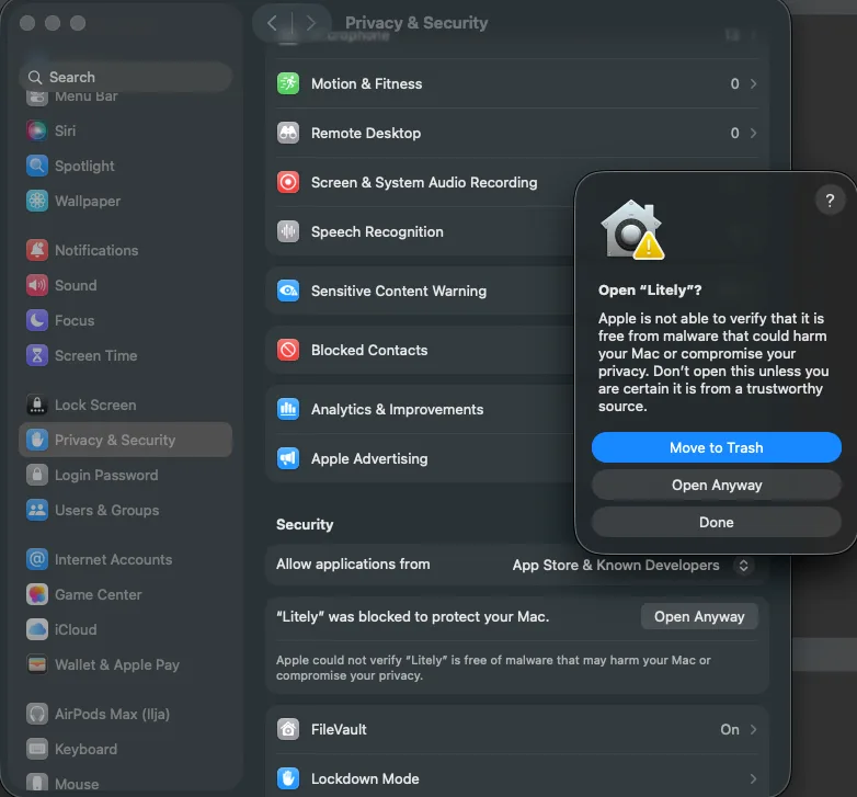 macOS System Settings — Privacy & Security with the Open Anyway button for Litely