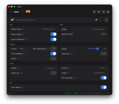 Litely desktop app — compression settings screen